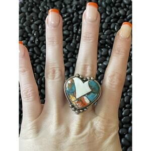 Native American Sw Sterling Silver Orange Spiny🧡💙Turquoise Heart Ring Size 7